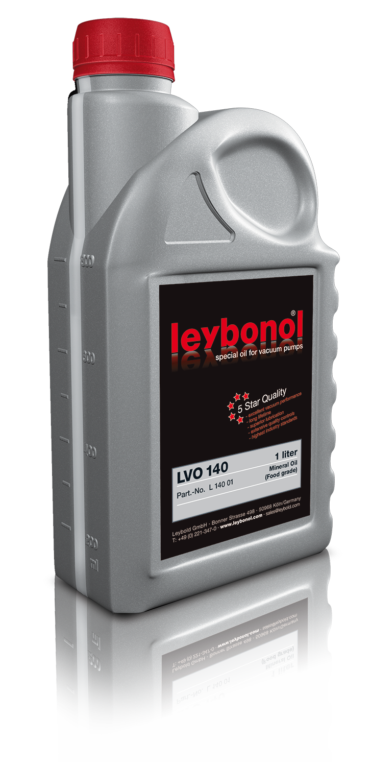 A grey, rectangular bottle of Leybold LEYBONOL LVO 140 special oil for vacuum pumps. The bottle features a red cap, a black label with red and white text, and an illustration of a five-star quality badge. The label mentions the product is LEYBONOL LVO 140, and it contains 1 liter of oil.