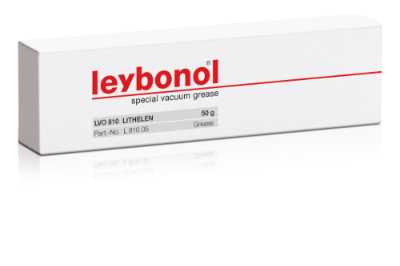 The image shows a white rectangular box of Leybold North America special vacuum grease. The label on the box indicates that it is LEYBONOL LVO 810 (LITHELEN), 50g, with the part number L 810 05.