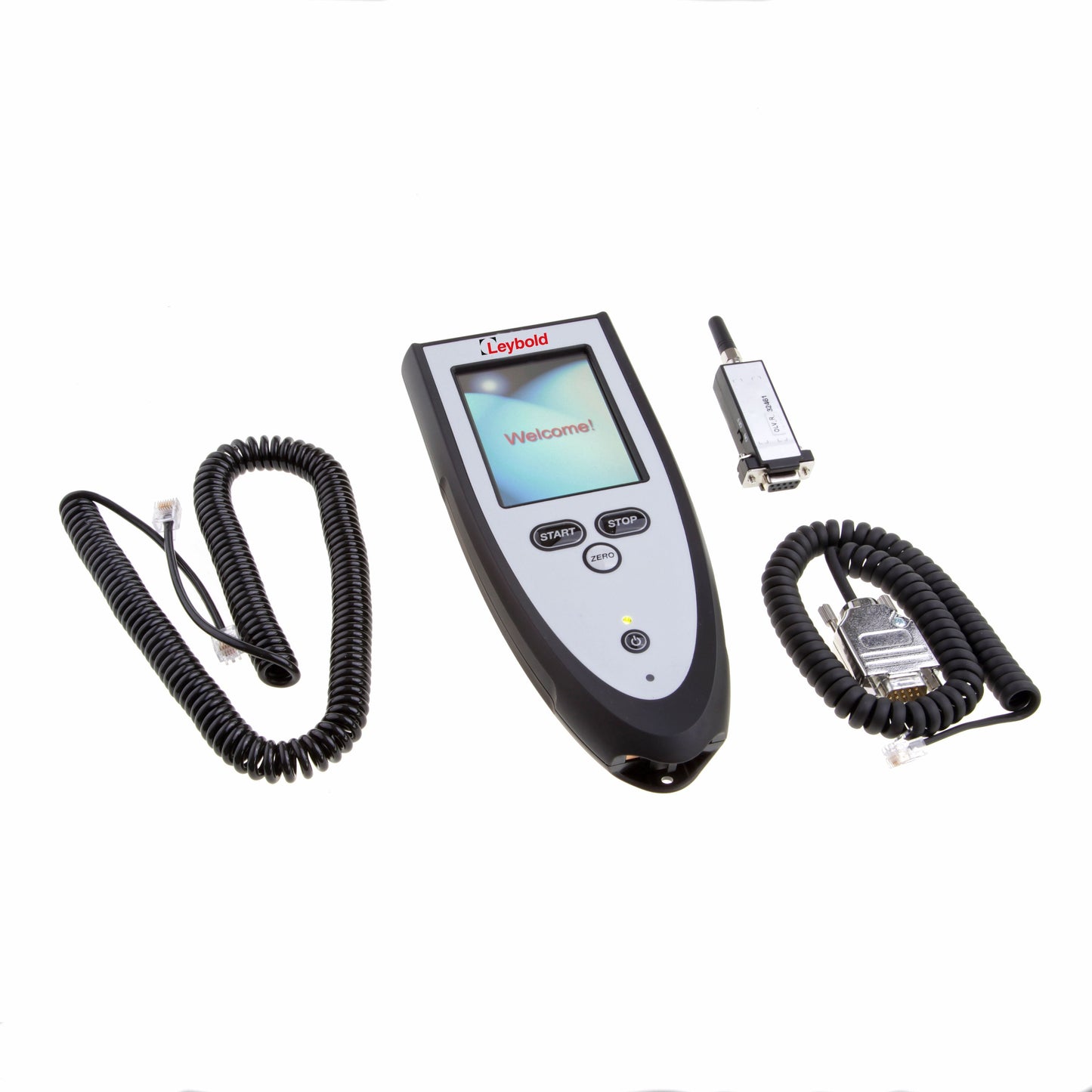 A Leybold North America RC310WL Remote Control for Leak Detector with "Leybold" branding in the center, a small screen displaying "Welcome!", and Start/Stop buttons below the screen. It is flanked by two coiled cables on either side, one with a terminated end and the other with a connector.