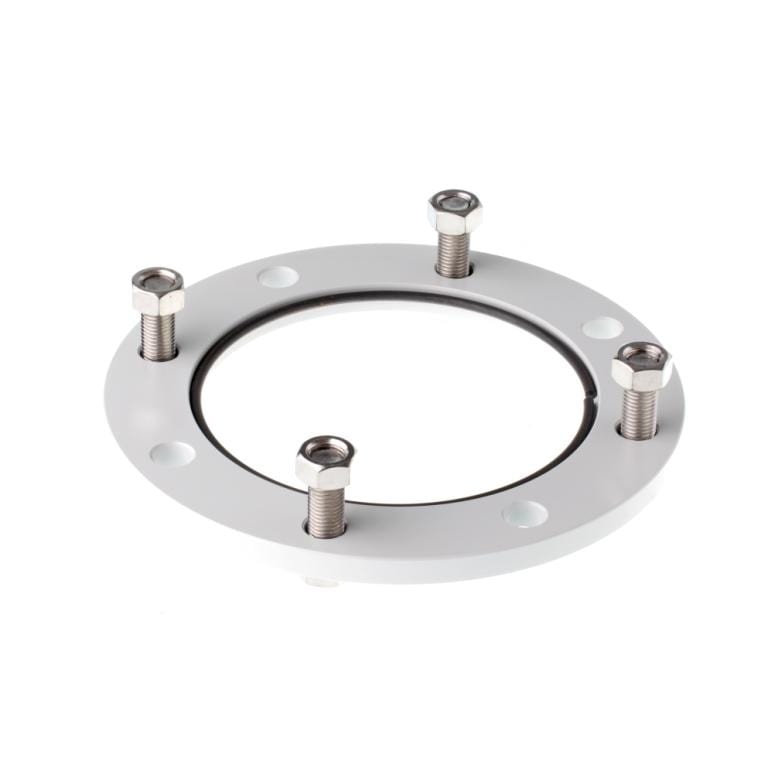 A close-up image of a white circular metal Collar Flange, DN 100, ND 6 by Leybold North America with four evenly spaced bolts and nuts secured around it. The flange has a central hole, and the bolts protrude outwardly. The background is plain white.