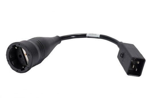 The Leybold North America PHOENIX Vario Electrical Plug features a black adapter with a rounded socket on one end and a rectangular plug on the other, connected by a short, flexible black cable.