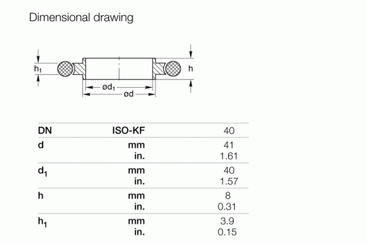 A dimensional drawing of the Centering Rings ISO-KF cylindrical component by Leybold North America, with dimensions listed in a table below. The table headings include DN, ISO-KF, and unit conversions between millimeters and inches for various dimensions. Dimensions shown include diameters and lengths.