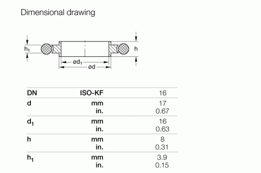 A dimensional drawing of the Centering Rings ISO-KF by Leybold North America features a table listing measurements. The dimensions include DN 16, d: 17mm (0.67in), d1: 16mm, h: 8mm (0.31in), and h1: 3.9mm (0.15in). The drawing displays the cylindrical part with notations for all dimensions.