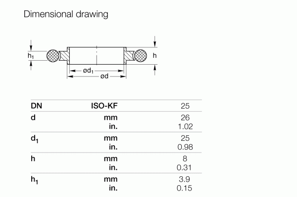 Dimensional drawing of a cylindrical component with cross-sectional marks on both ends. A table beneath the drawing lists dimensions DN 25, with d = 26 mm (1.02 in.), d1 = 25 mm, h = 8 mm (0.31 in.), and h1 = 3.9 mm (0.15 in.). The product is identified as Centering Rings ISO-KF by Leybold North America.