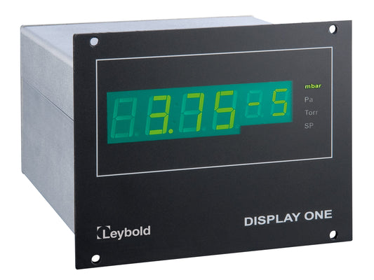 A single-channel display features a green LED screen showing 3.75 mbar and a power of ten reading, with "Display ONE" and "Leybold North America Shop" prominently displayed on its sleek black front panel.