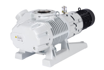 The Leybold RUVAC WAU 2001 is a white industrial fore vacuum pump with a cylindrical body and black motor. Perfect for semiconductor manufacturing, it's mounted on a sturdy base and has vents and pipes for efficient air flow management in vacuum-based production.
