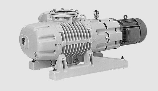 The image shows a Leybold RUVAC WAU 1001 roots vacuum pump with a cylindrical body, bolt details, and cooling fins. It’s mounted on a sturdy base with an attached motor and several connection points, all in grayscale against a plain background, perfect for industrial use.
