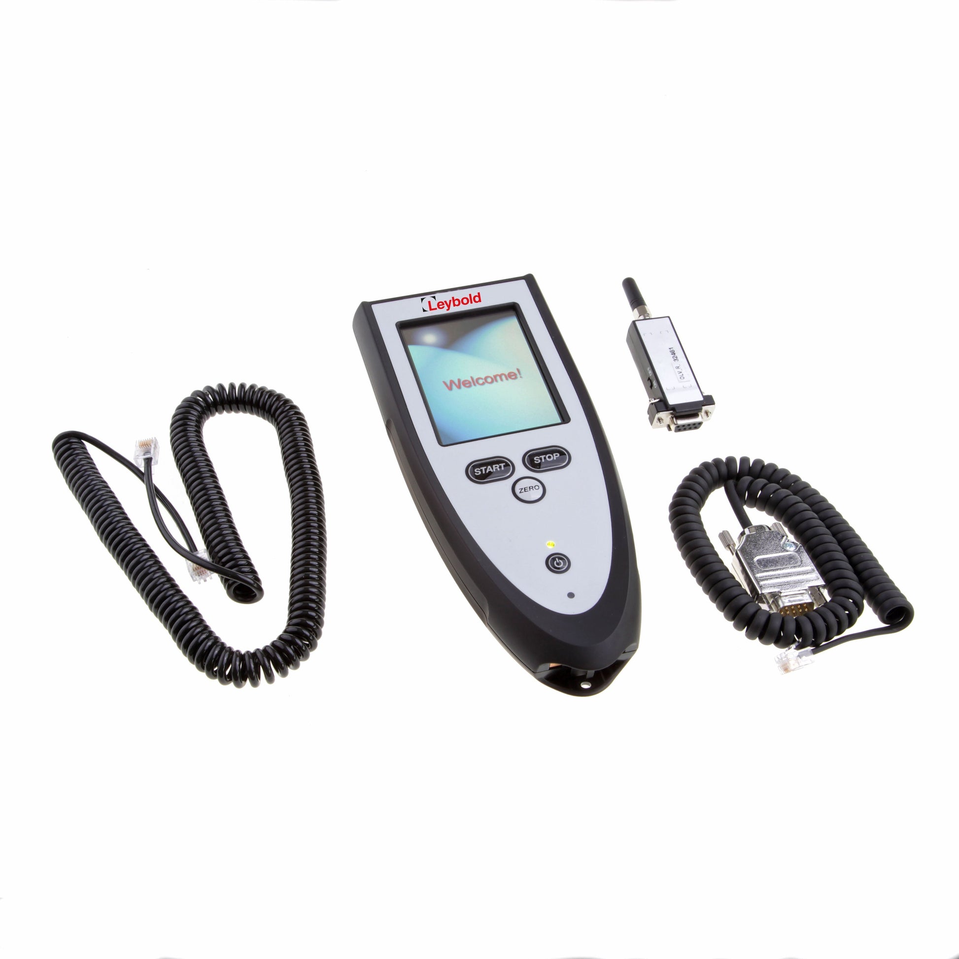 A Leybold North America RC310WL Remote Control for Leak Detector with "Leybold" branding in the center, a small screen displaying "Welcome!", and Start/Stop buttons below the screen. It is flanked by two coiled cables on either side, one with a terminated end and the other with a connector.
