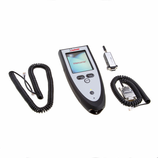 A Leybold North America RC310WL Remote Control for Leak Detector with "Leybold" branding in the center, a small screen displaying "Welcome!", and Start/Stop buttons below the screen. It is flanked by two coiled cables on either side, one with a terminated end and the other with a connector.