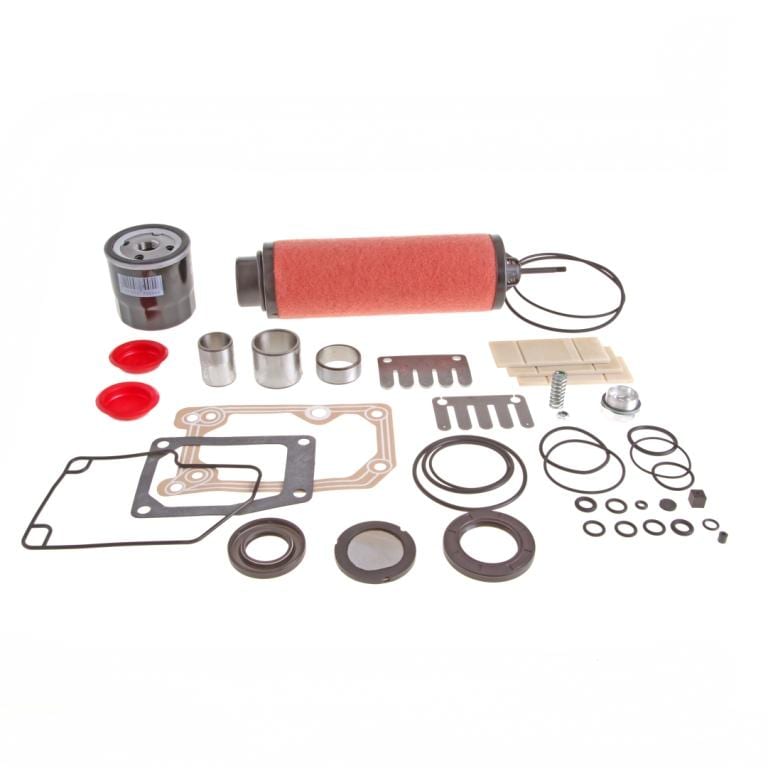 Image of a collection of mechanical parts including a red cylindrical filter, gaskets, O-rings, screws, bushings, and other components from the Leybold Repair Kit SV 65 B arranged neatly on a white background.