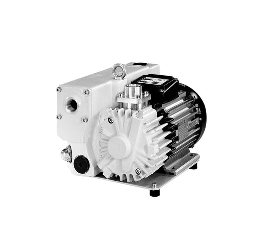 A close-up of a white Leybold SOGEVAC SV 25 B industrial vacuum pump with various visible components, including a metallic motor, cooling fins, and attachment ports. The pump is freestanding against a white background, highlighting its detailed mechanical construction.
