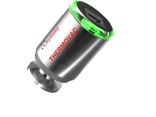 A metallic Leybold North America Shop Thermovac TTR 91 RN vacuum gauge with a conical shape features a green-lit top and wide base for attachment, with "Leybold" and "Thermovac" printed in red. It is displayed on a plain white background.